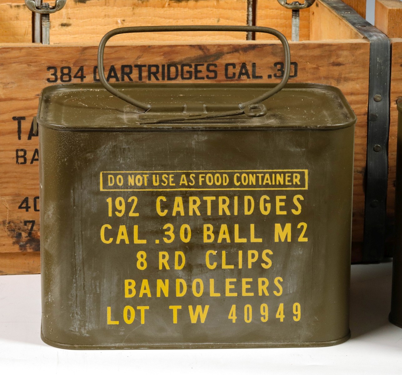 WOOD CRATE OF TWO CAL .30 M2 BANDOLEER SEALED SPAM CANS