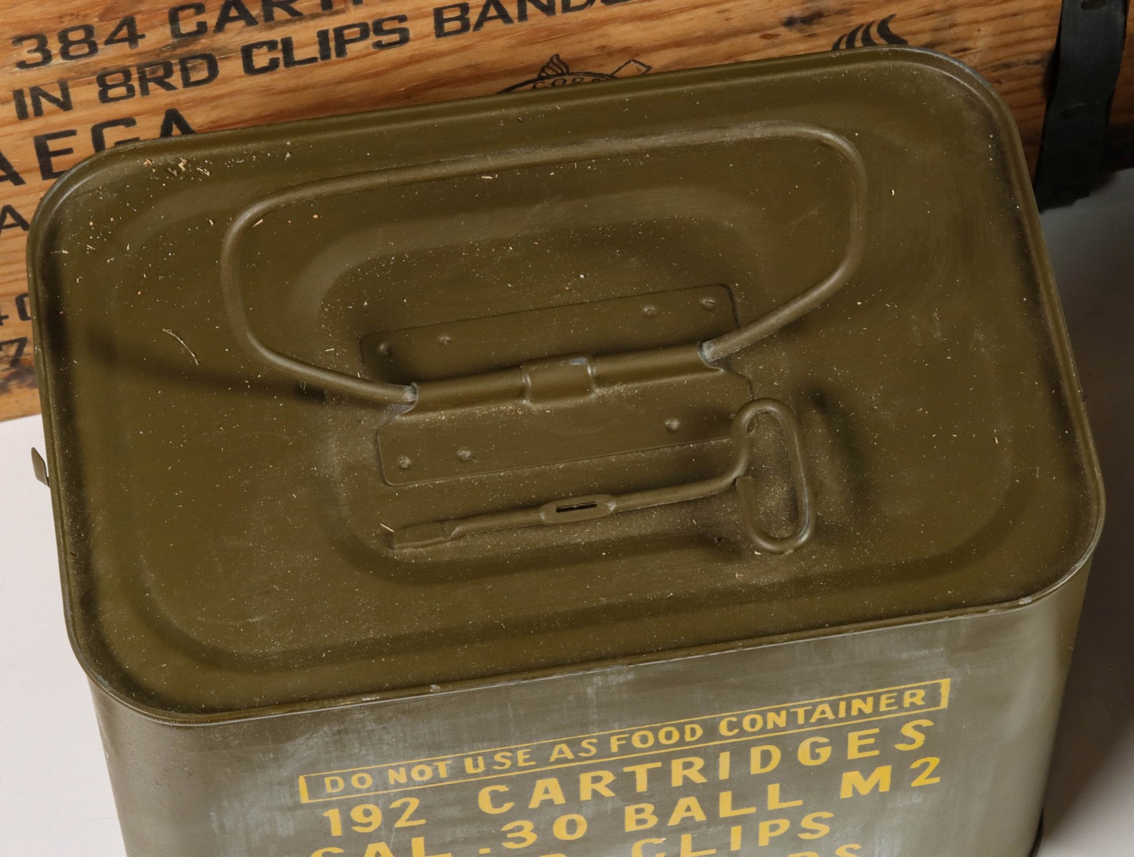 WOOD CRATE OF TWO CAL .30 M2 BANDOLEER SEALED SPAM CANS