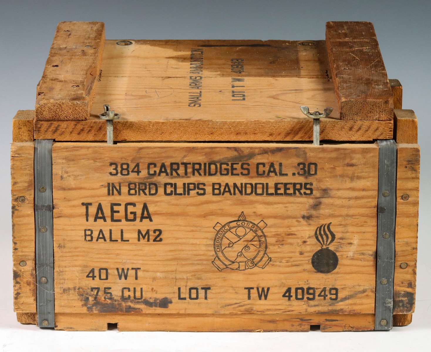 WOOD CRATE OF TWO CAL .30 M2 BANDOLEER SEALED SPAM CANS