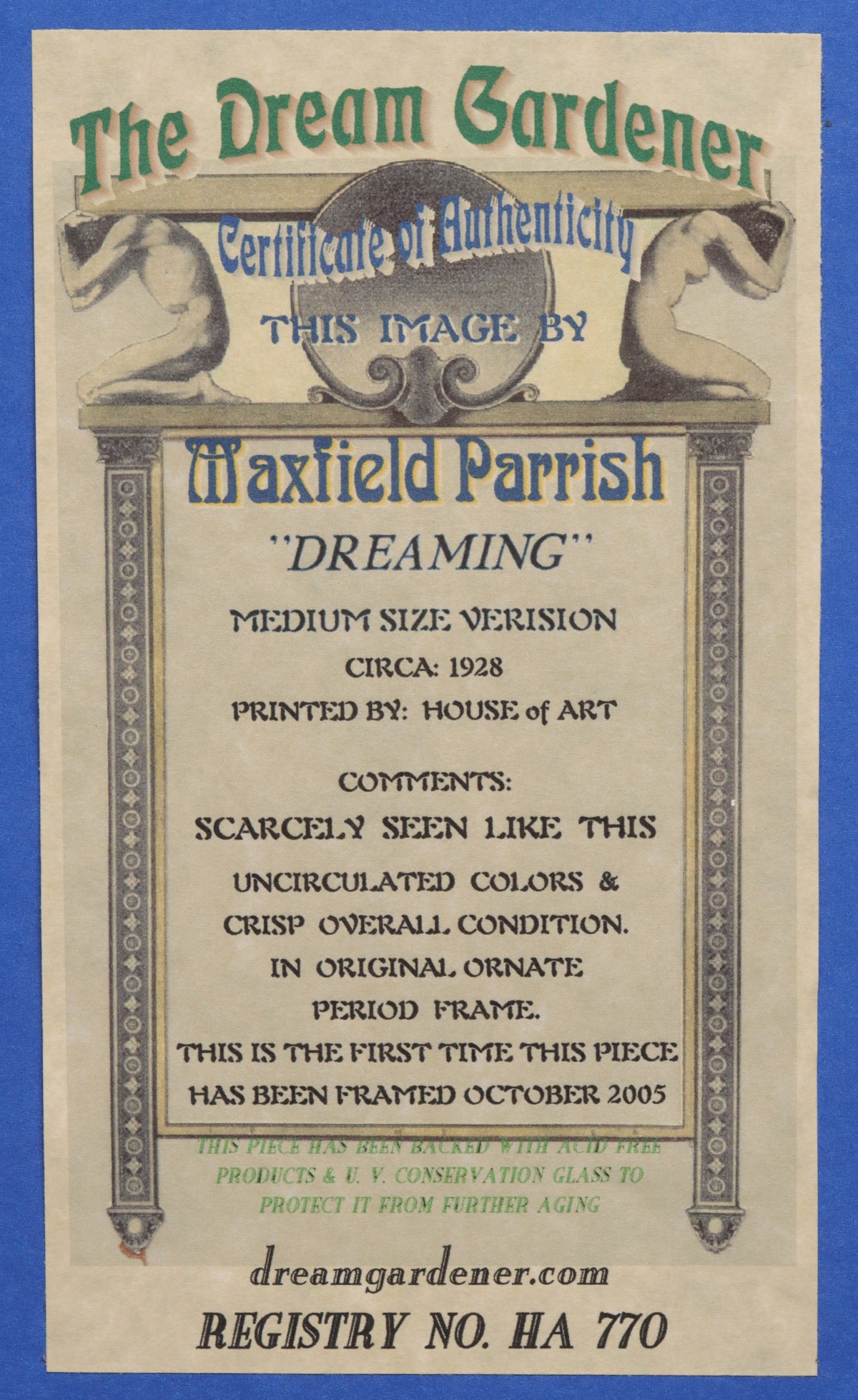 MECHANICAL PRINT AFTER MAXFIELD PARRISH TITLED DREAMING