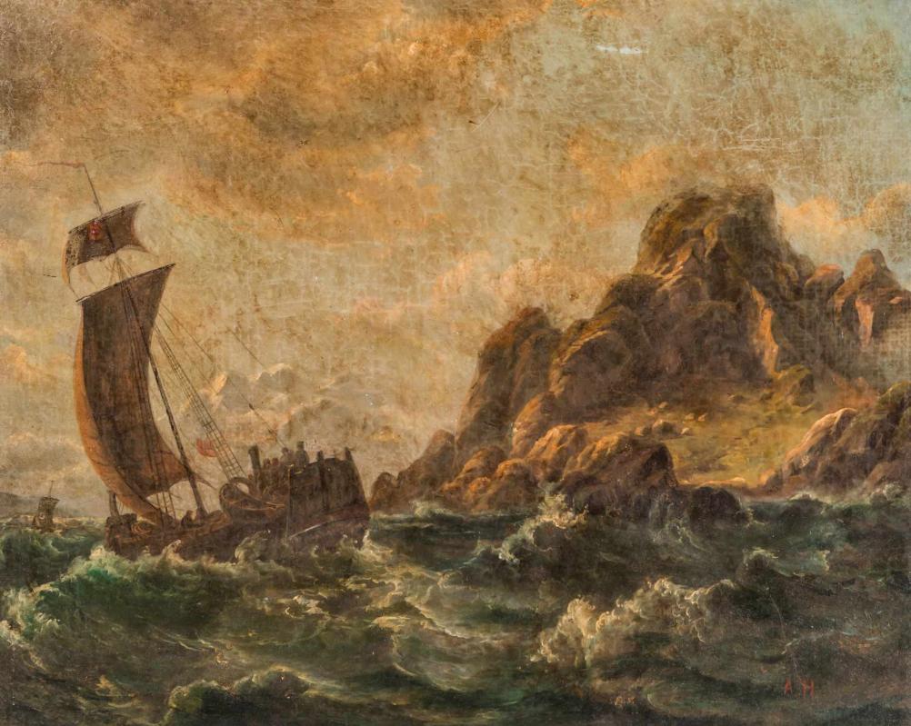 A CIRCA 1900 OIL ON CANVAS NAUTICAL SCENE