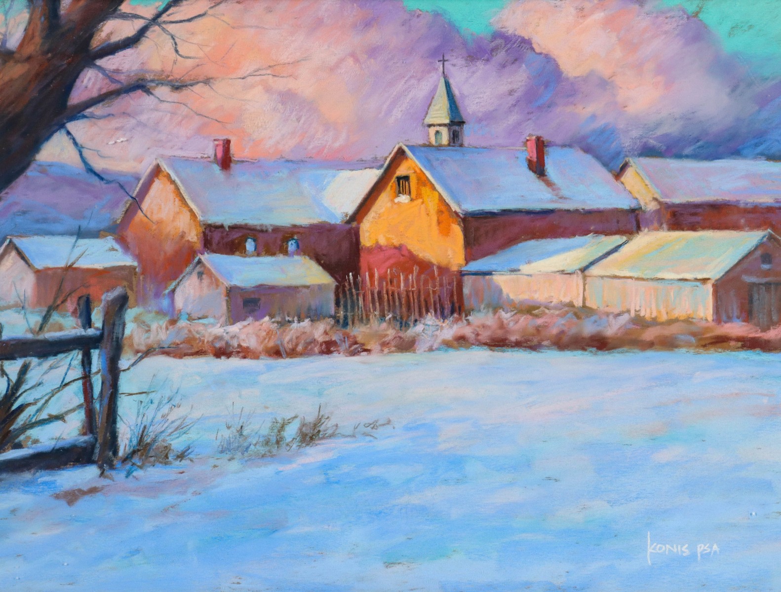 BEN KONIS (1924-2006) PASTEL OF SW VILLAGE IN SNOW