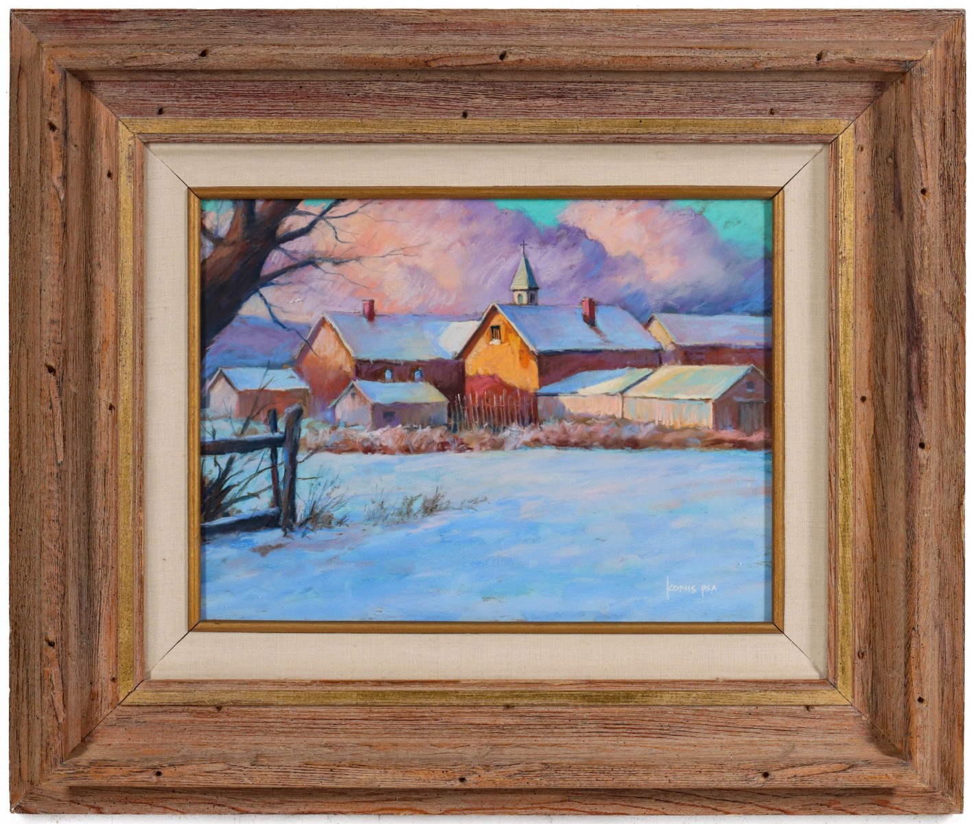 BEN KONIS (1924-2006) PASTEL OF SW VILLAGE IN SNOW