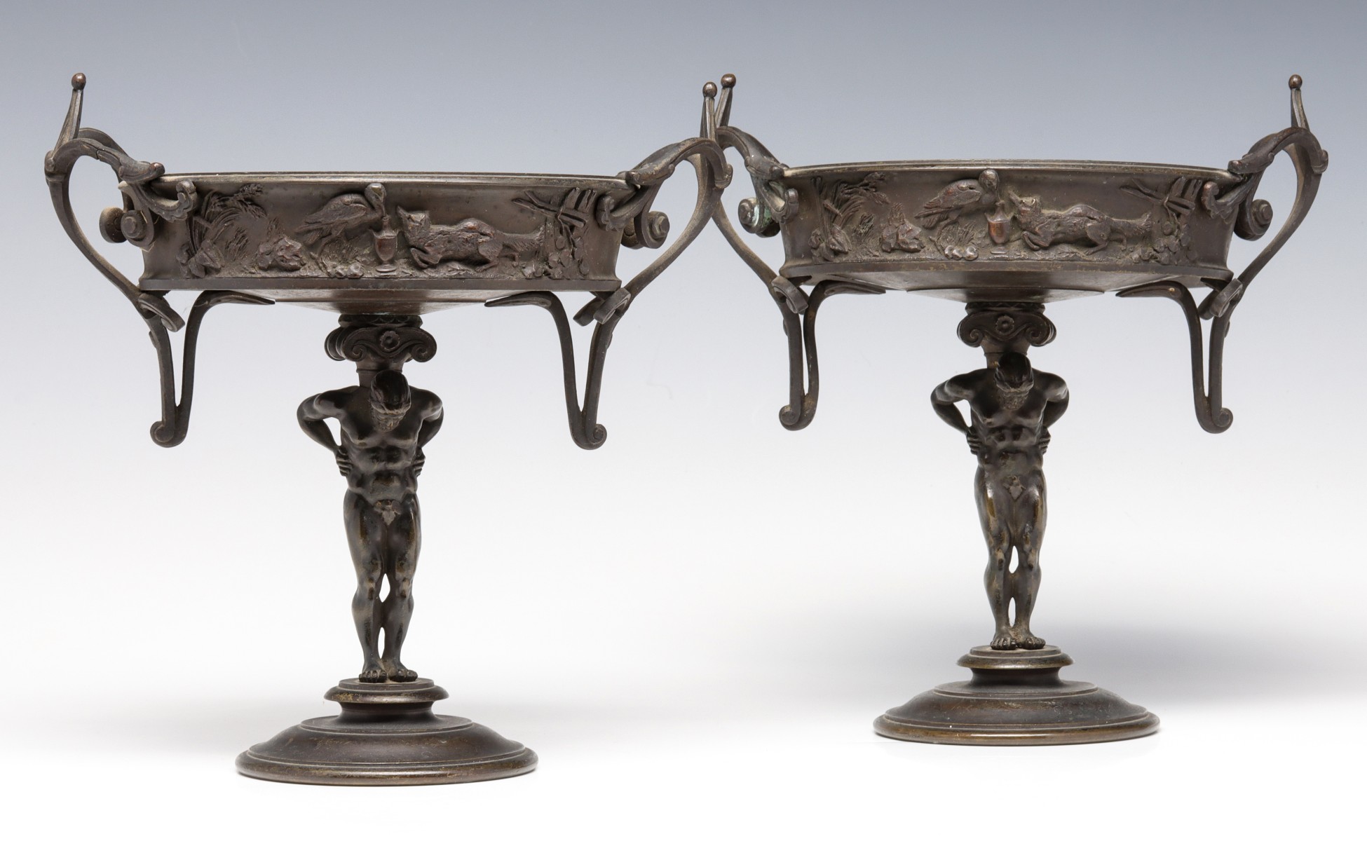 A PAIR EARLY 20TH CENTURY FIGURAL MALE BRONZE TAZZA