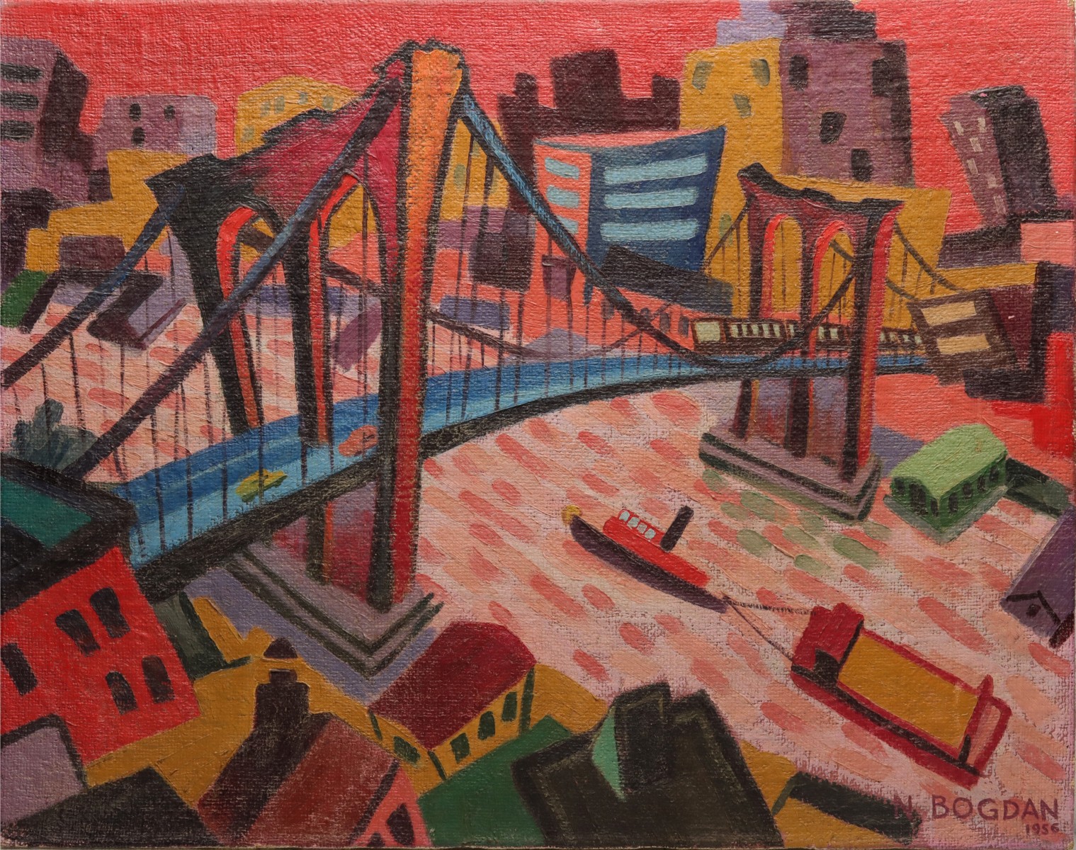 AN ABSTRACTED NEW YORK CITYSCAPE SIGNED BOGDAN 1956