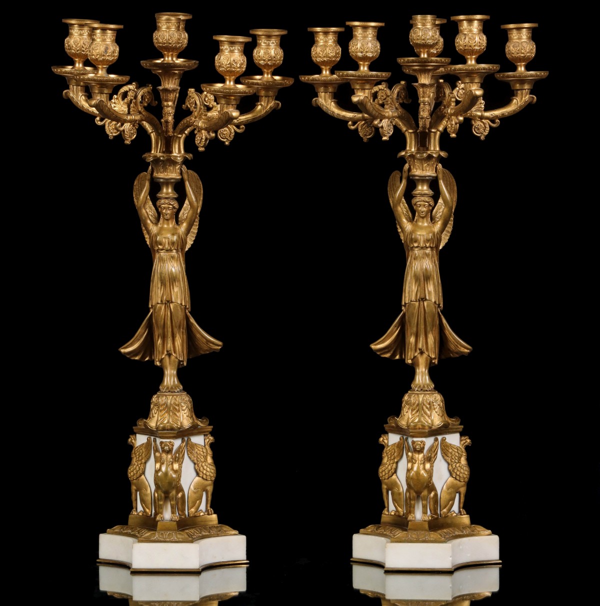 A PAIR LATE 19C. FRENCH EMPIRE FIGURAL CANDELABRA