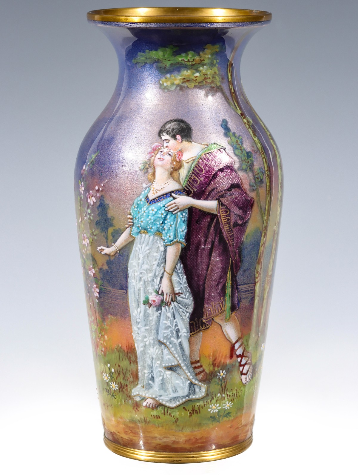 A FRENCH COPPER ON ENAMEL VASE WITH FIGURES