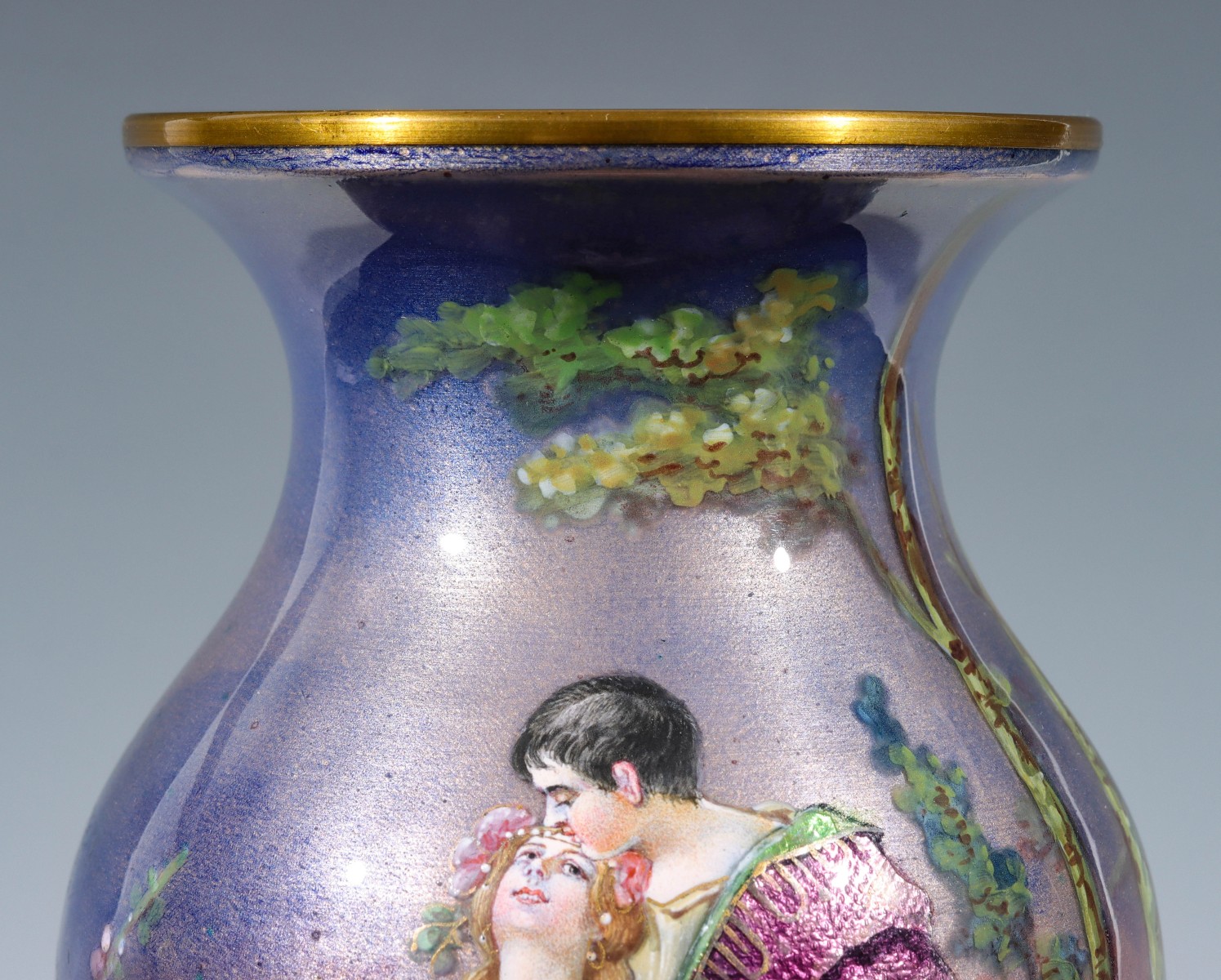 A FRENCH COPPER ON ENAMEL VASE WITH FIGURES