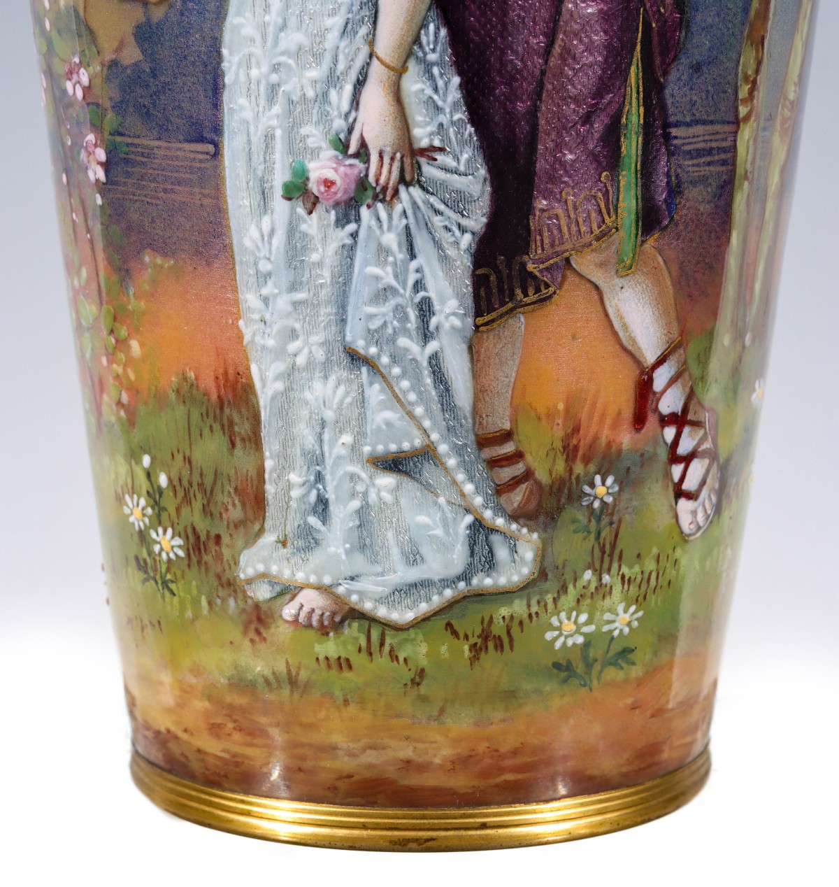 A FRENCH COPPER ON ENAMEL VASE WITH FIGURES