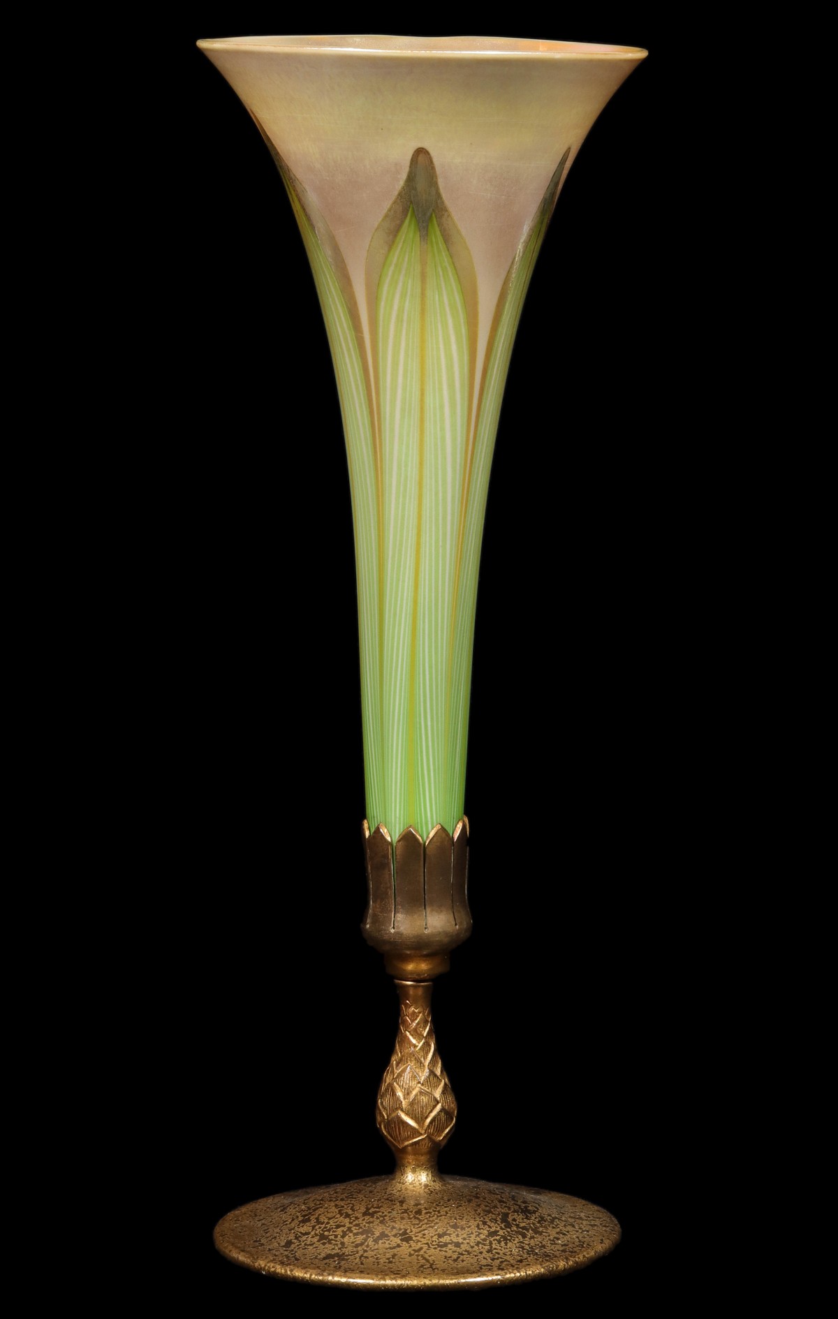 A TIFFANY FAVRILE TRUMPET VASE WITH FEATHERS IN BRONZE