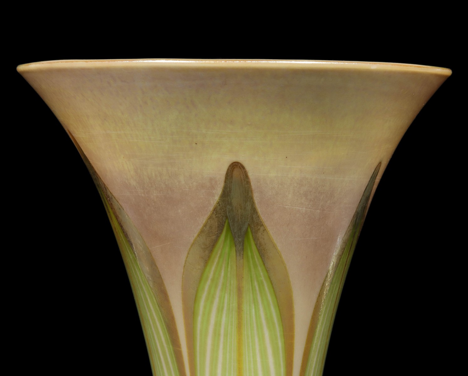 A TIFFANY FAVRILE TRUMPET VASE WITH FEATHERS IN BRONZE