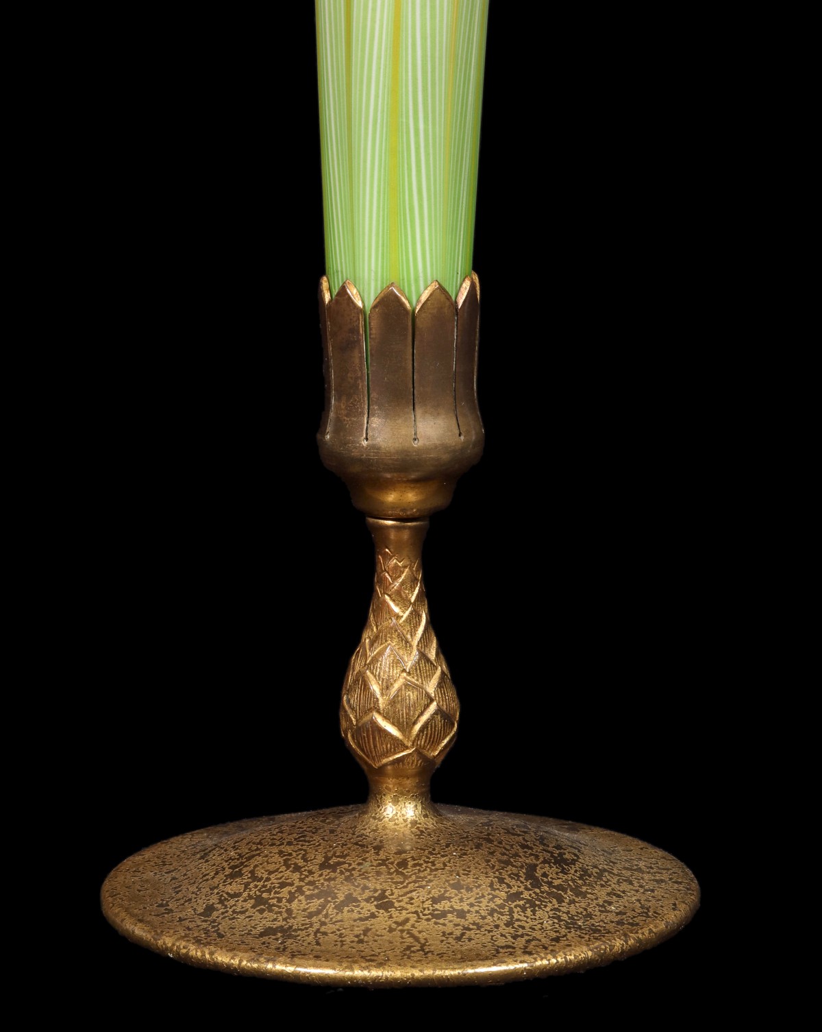 A TIFFANY FAVRILE TRUMPET VASE WITH FEATHERS IN BRONZE