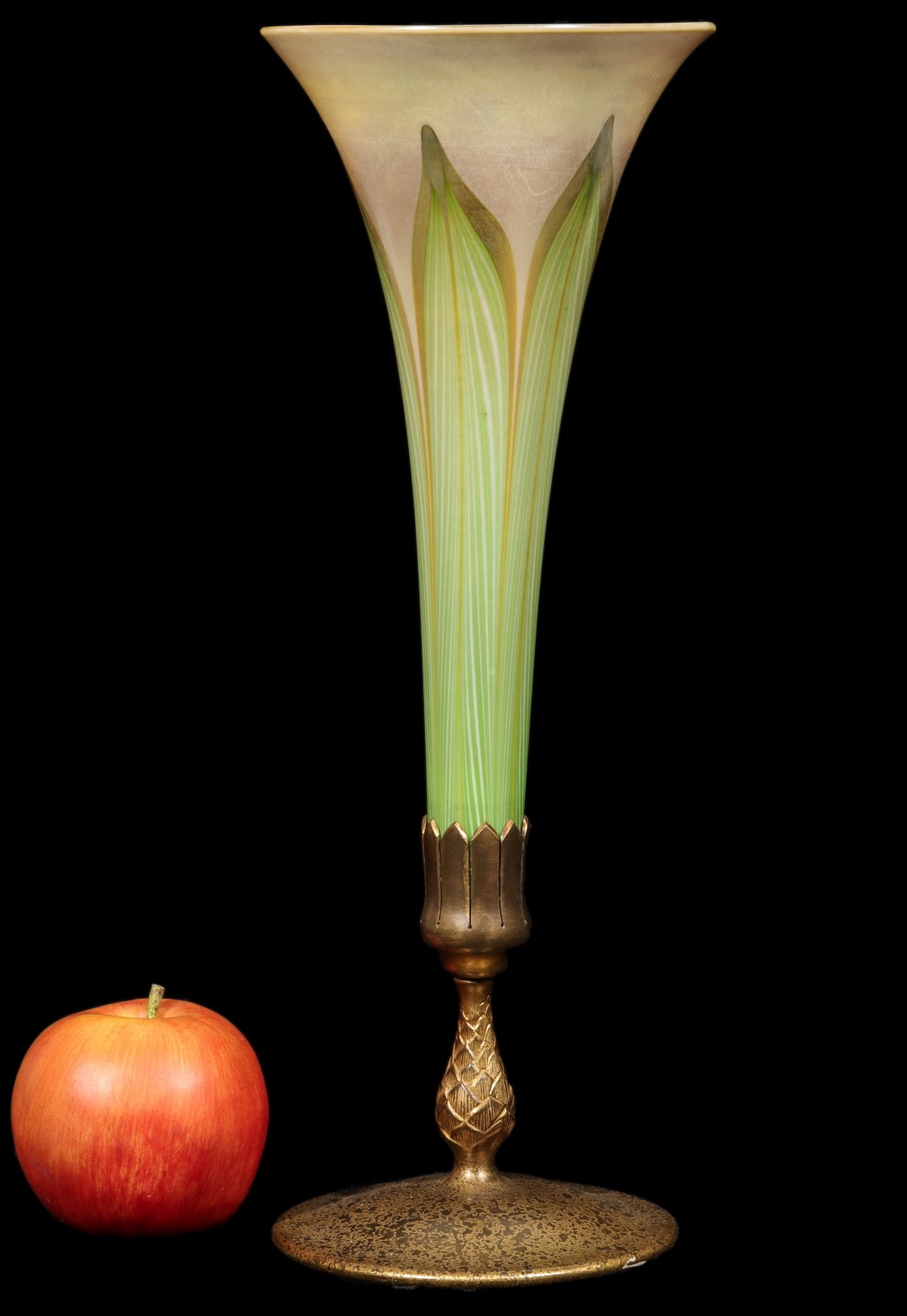 A TIFFANY FAVRILE TRUMPET VASE WITH FEATHERS IN BRONZE