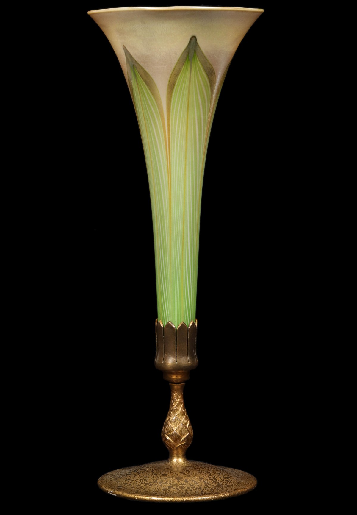 A TIFFANY FAVRILE TRUMPET VASE WITH FEATHERS IN BRONZE