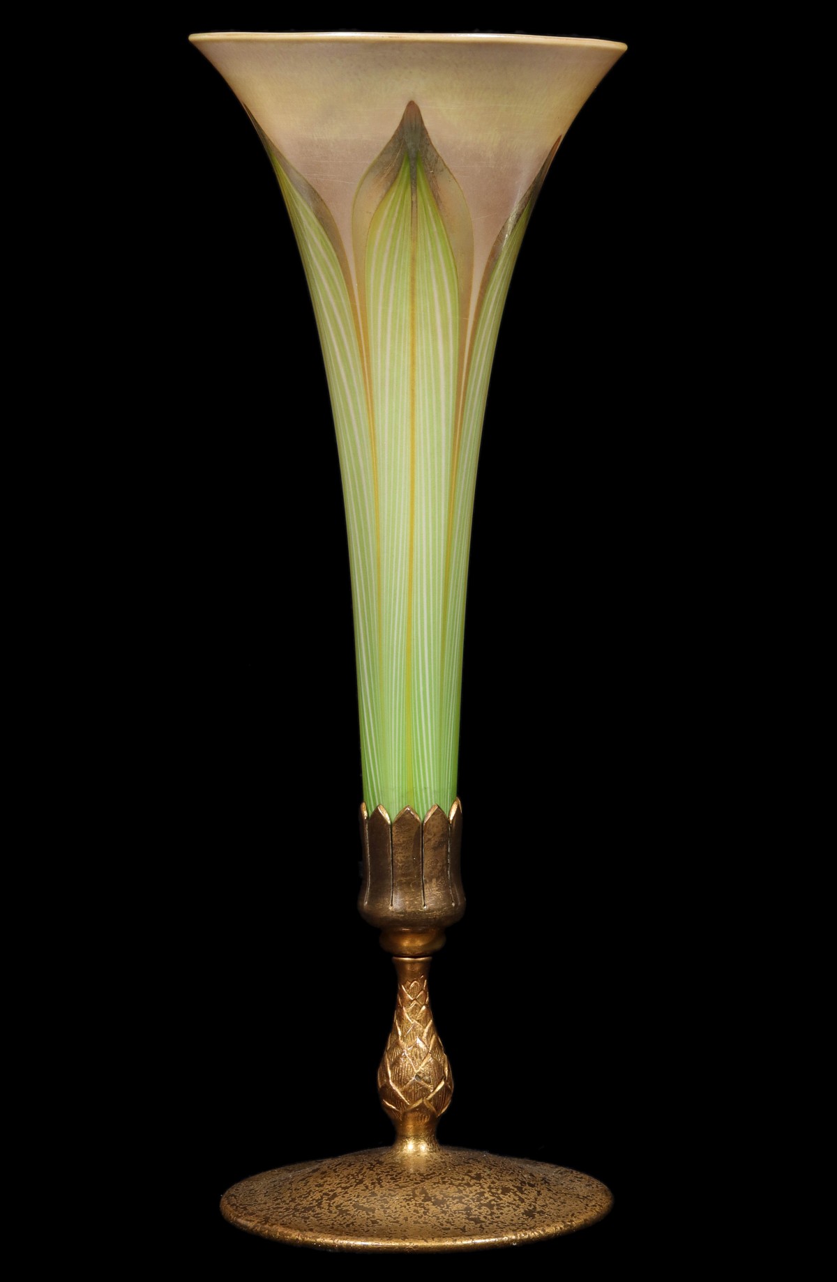 A TIFFANY FAVRILE TRUMPET VASE WITH FEATHERS IN BRONZE