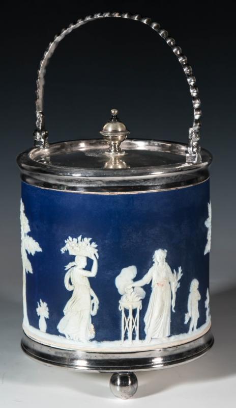 A WEDGWOOD JASPER WARE BISCUIT JAR 