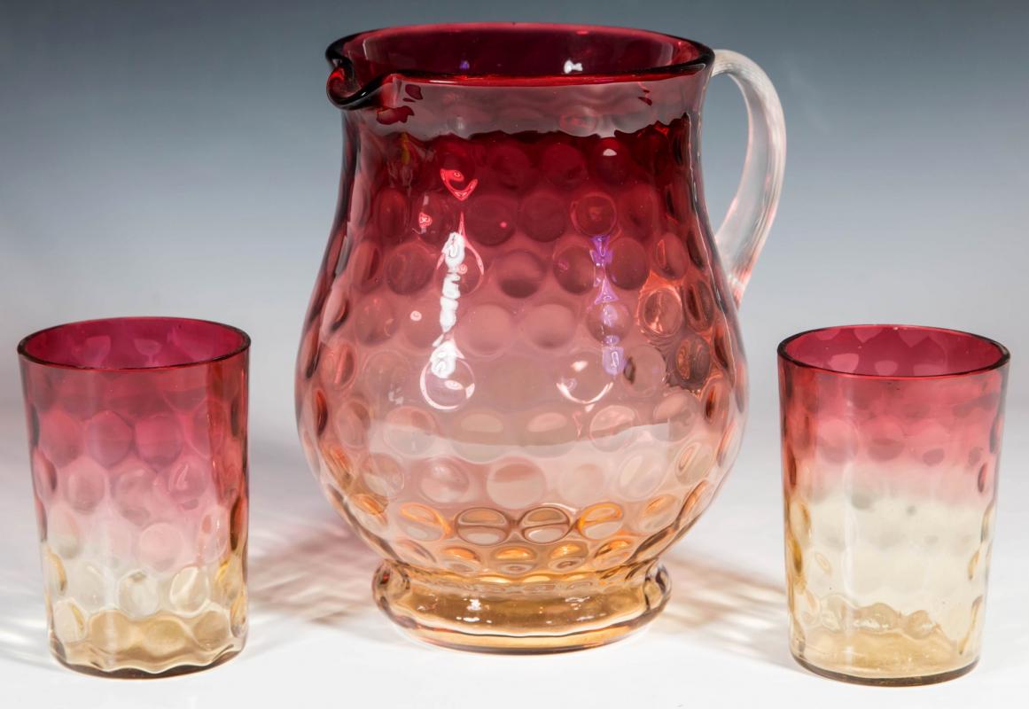 VICTORIAN AMBERINA ART GLASS PITCHER AND TUMBLERS