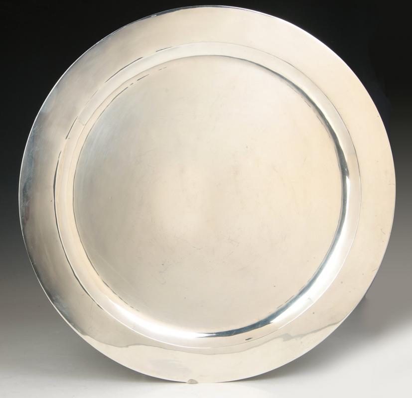 A LARGE CIRCULAR STERLING PLATTER SIGNED SANBORNS