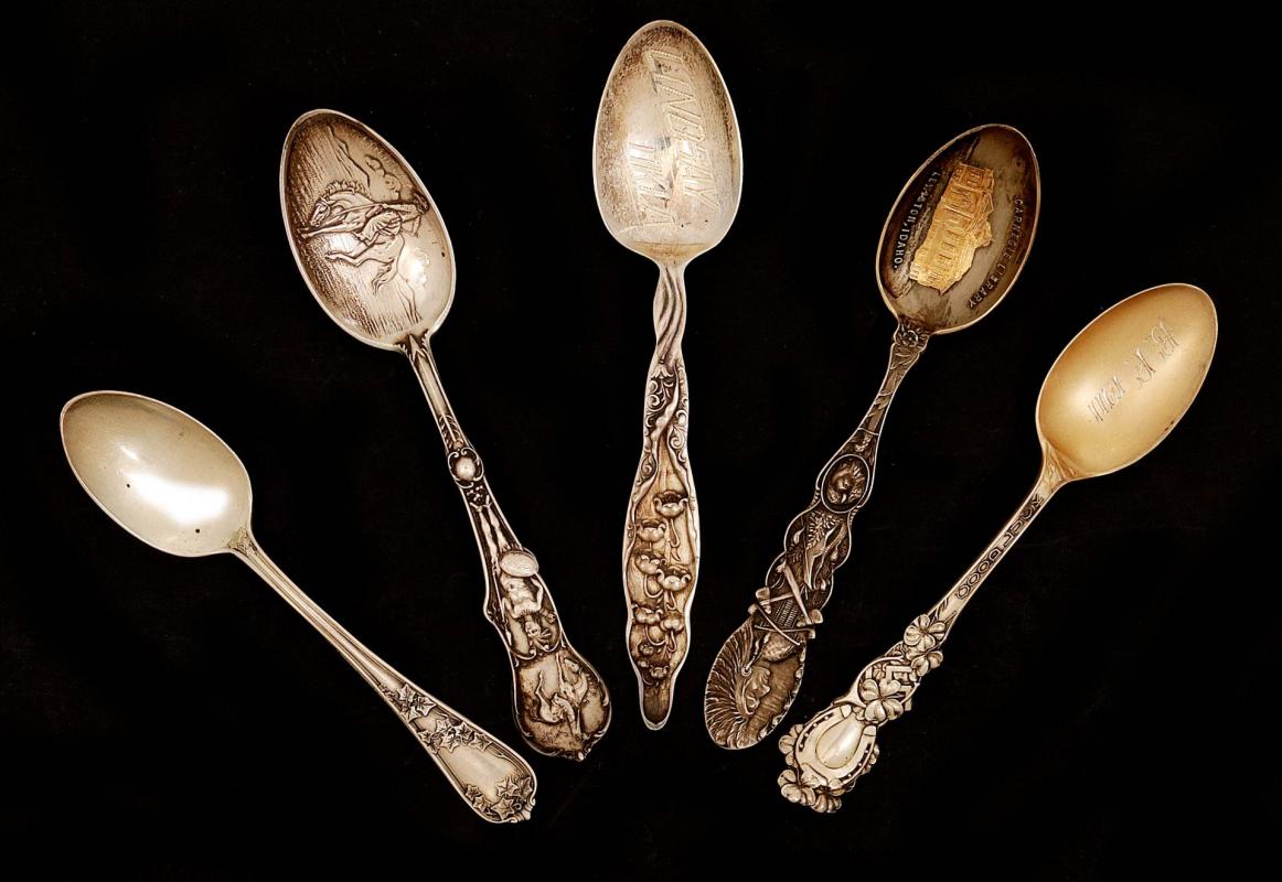 FIVE ANTIQUE STERLING SILVER SOUVENIR SPOONS