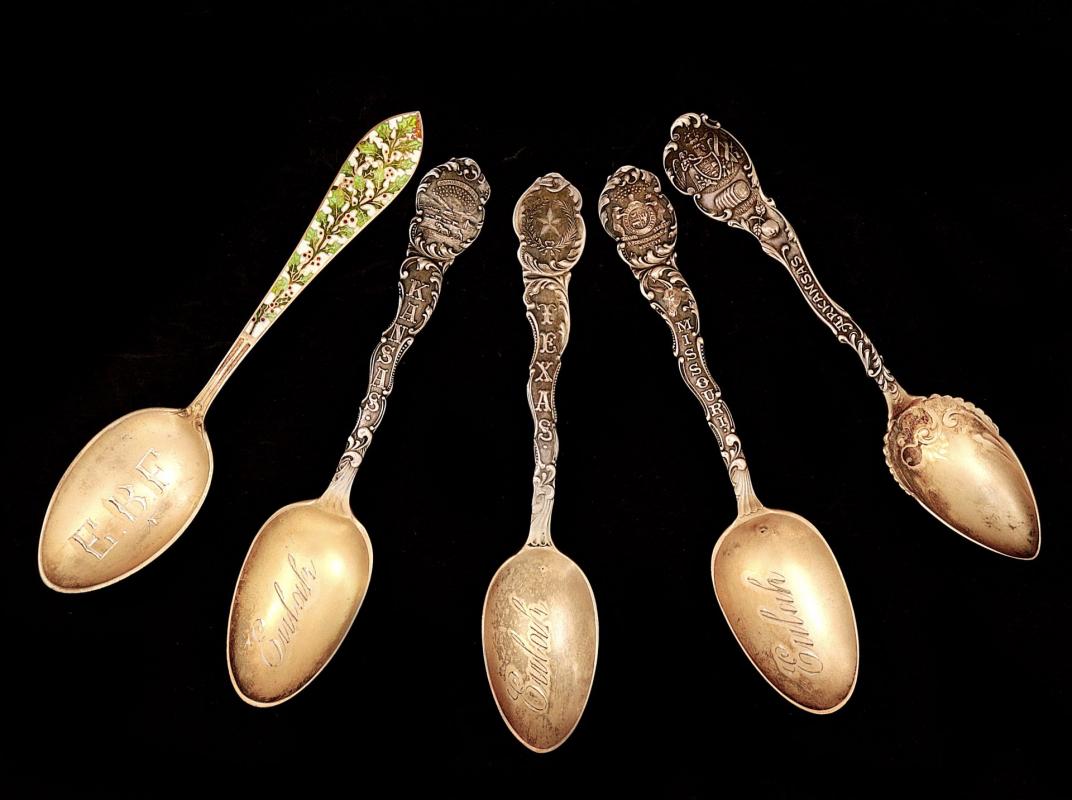 FIVE ANTIQUE STERLING SILVER SOUVENIR SPOONS