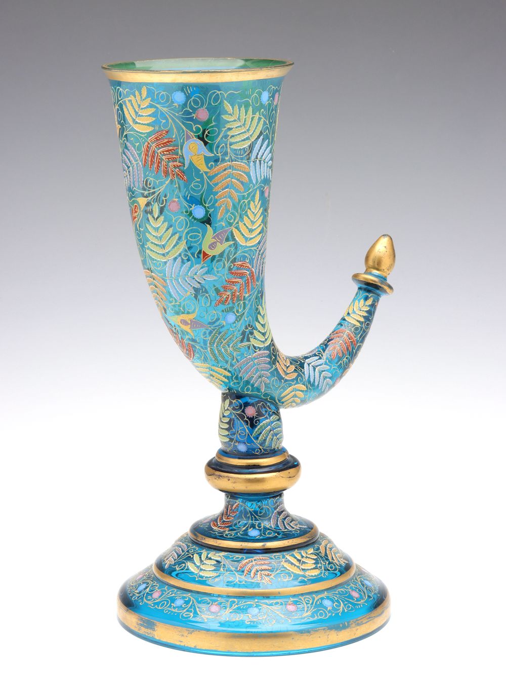 A LARGE 19C. MOSER GILT AND ENAMELED GLASS HUNTING HORN