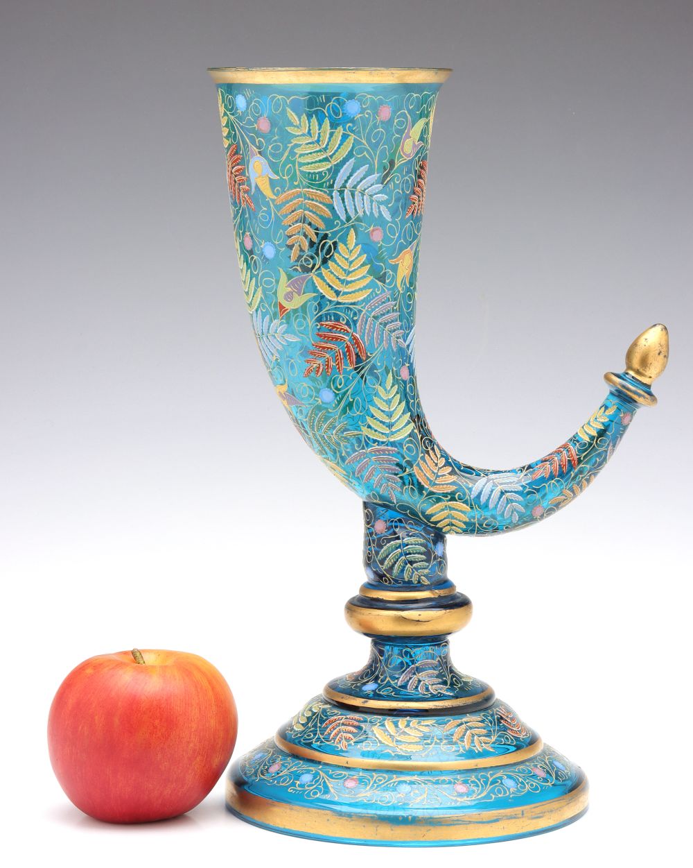 A LARGE 19C. MOSER GILT AND ENAMELED GLASS HUNTING HORN