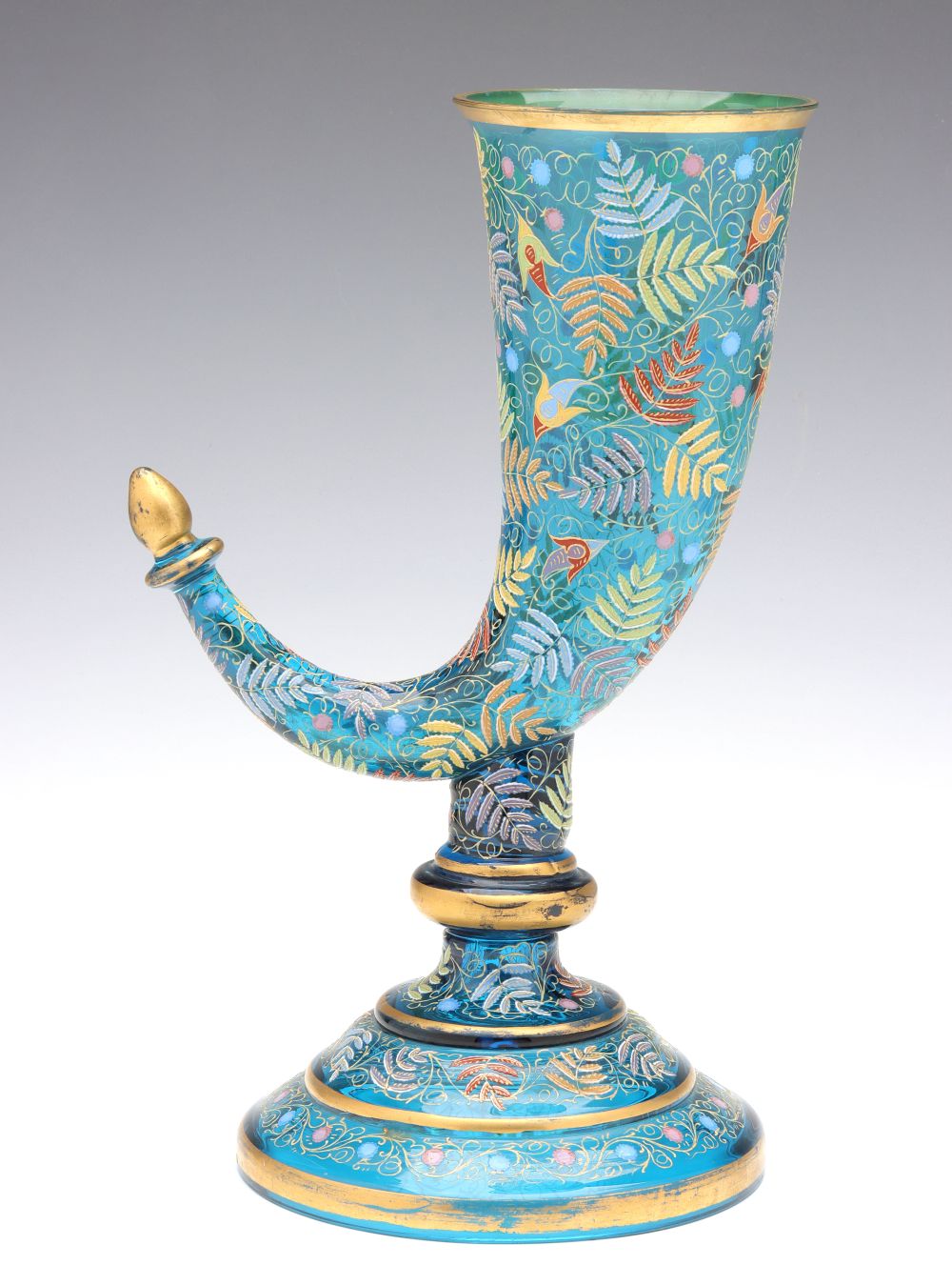 A LARGE 19C. MOSER GILT AND ENAMELED GLASS HUNTING HORN