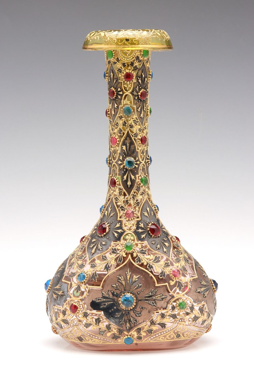 A JEWELED MOSER VASE WITH ROLLED RIM AND MUGHAL DESIGNS