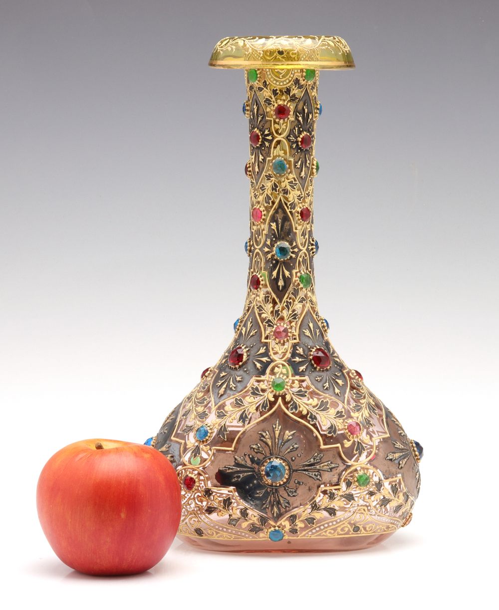 A JEWELED MOSER VASE WITH ROLLED RIM AND MUGHAL DESIGNS