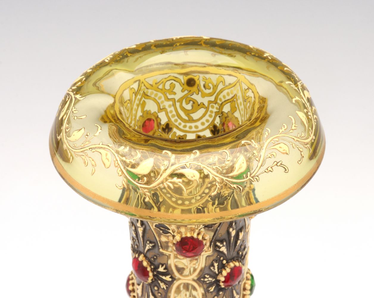 A JEWELED MOSER VASE WITH ROLLED RIM AND MUGHAL DESIGNS