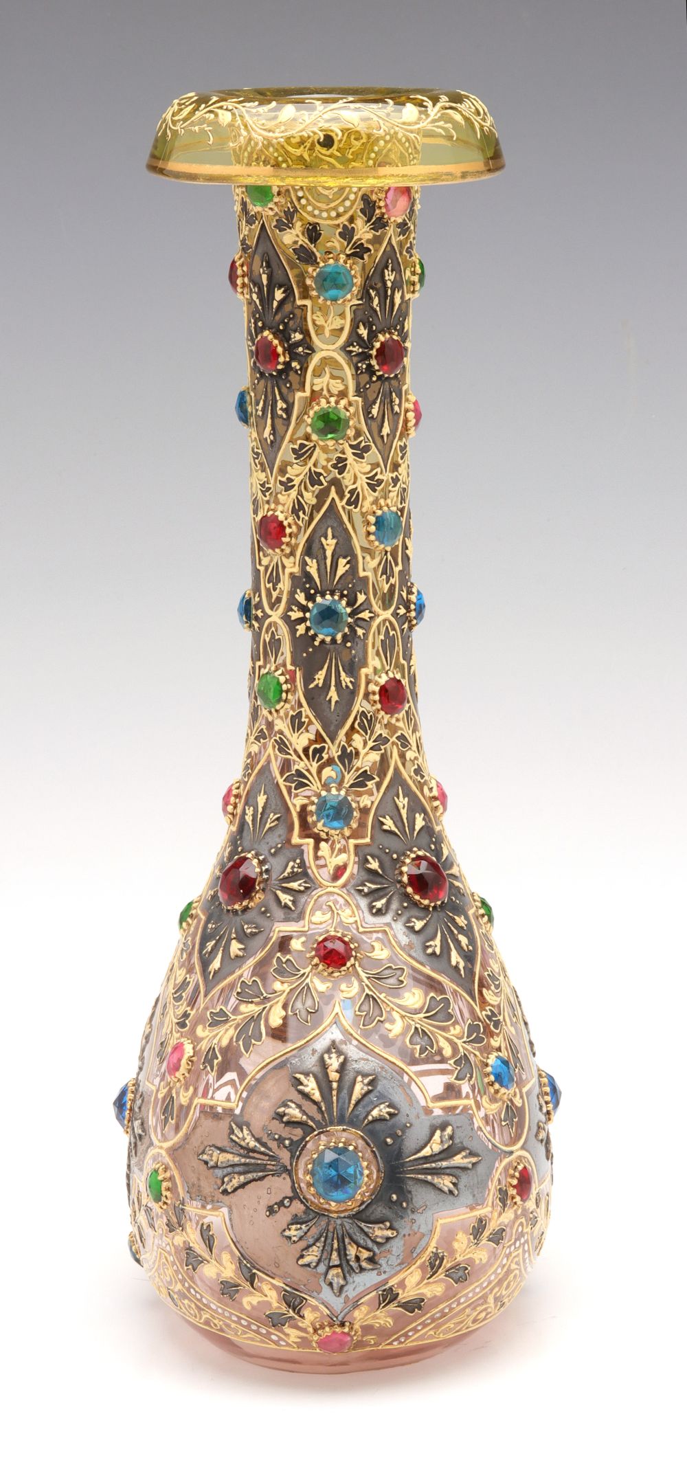 A JEWELED MOSER VASE WITH ROLLED RIM AND MUGHAL DESIGNS