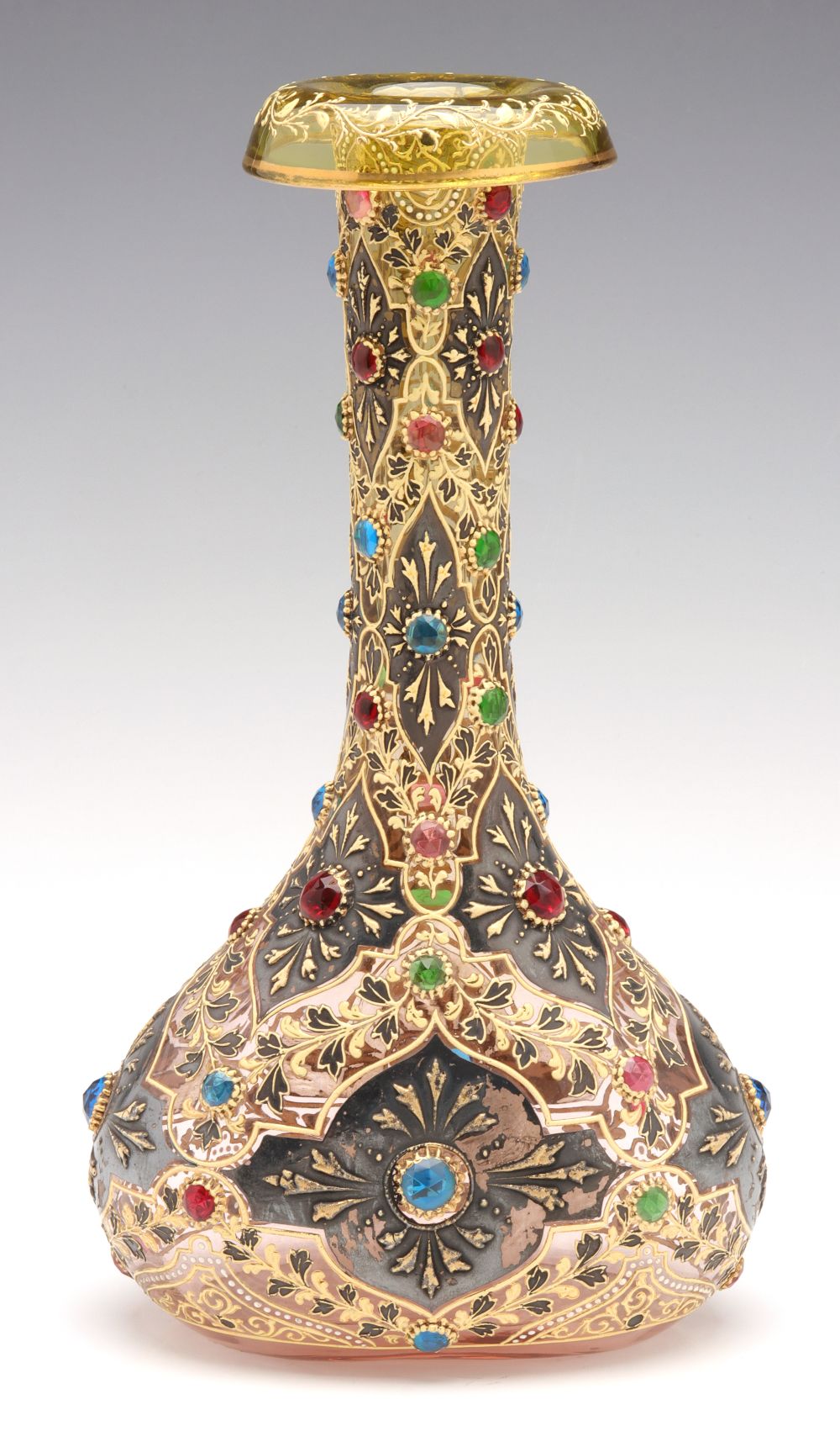 A JEWELED MOSER VASE WITH ROLLED RIM AND MUGHAL DESIGNS