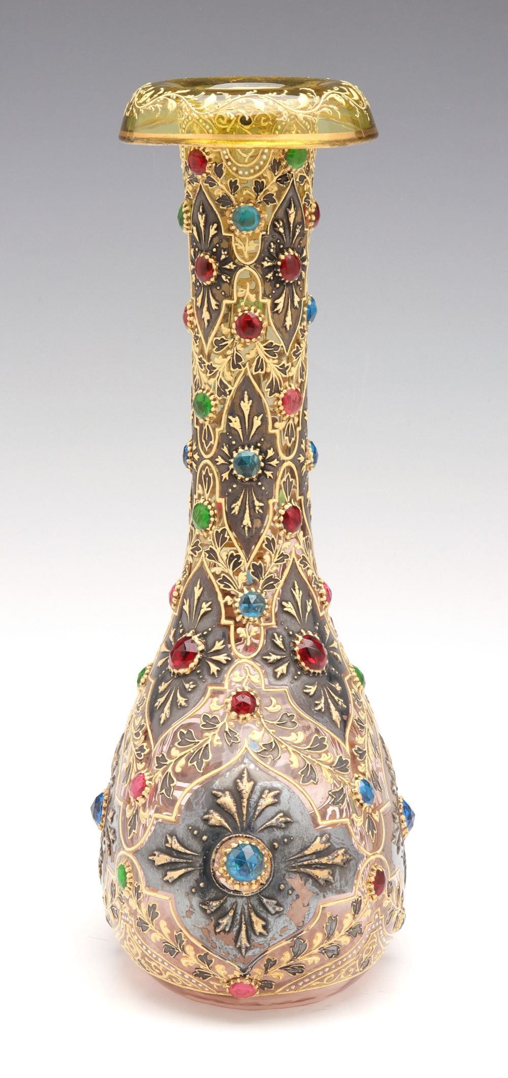 A JEWELED MOSER VASE WITH ROLLED RIM AND MUGHAL DESIGNS
