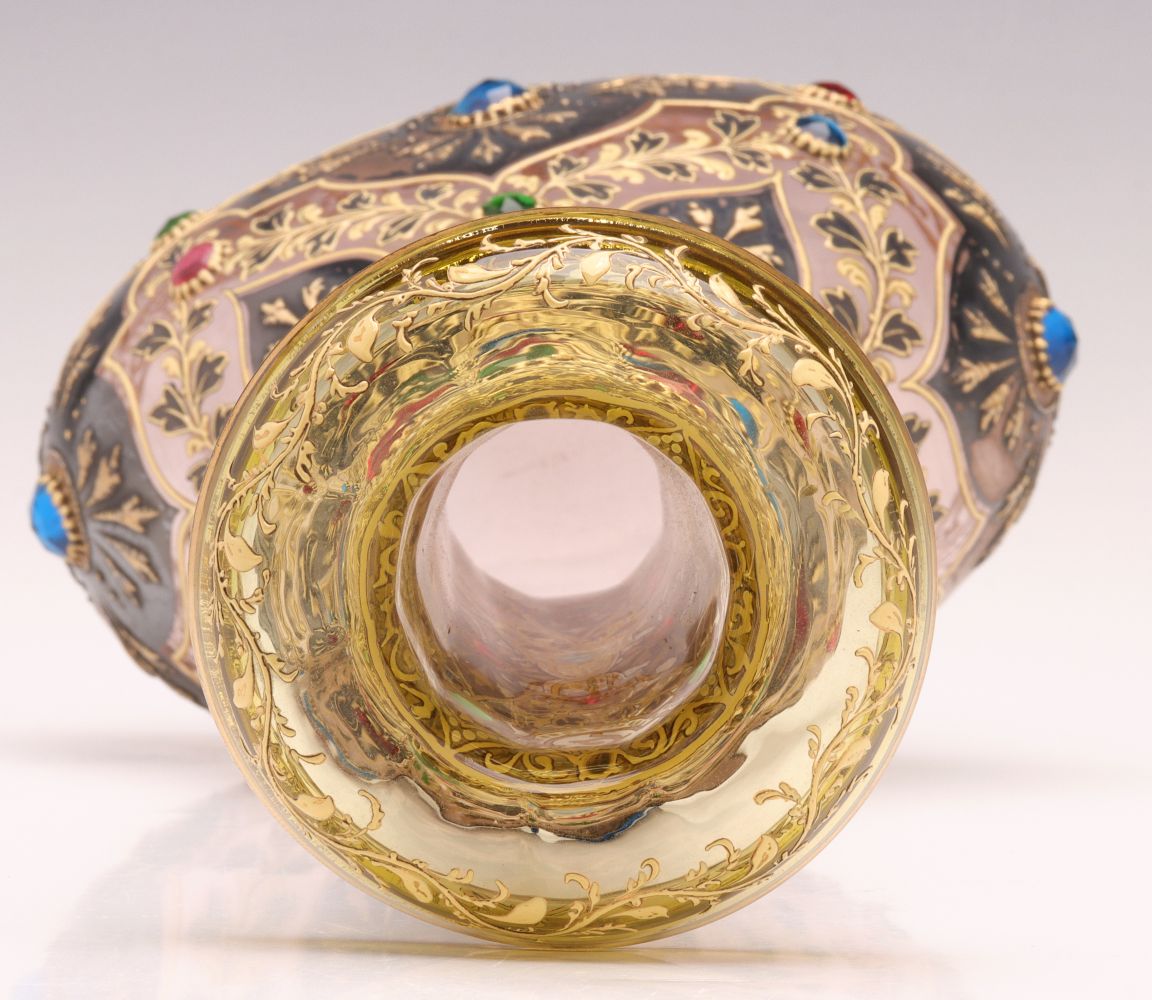 A JEWELED MOSER VASE WITH ROLLED RIM AND MUGHAL DESIGNS