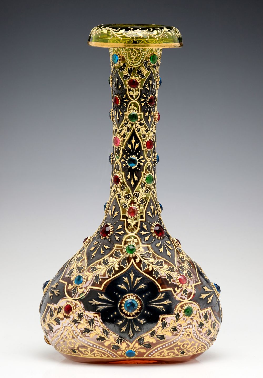 A JEWELED MOSER VASE WITH ROLLED RIM AND MUGHAL DESIGNS