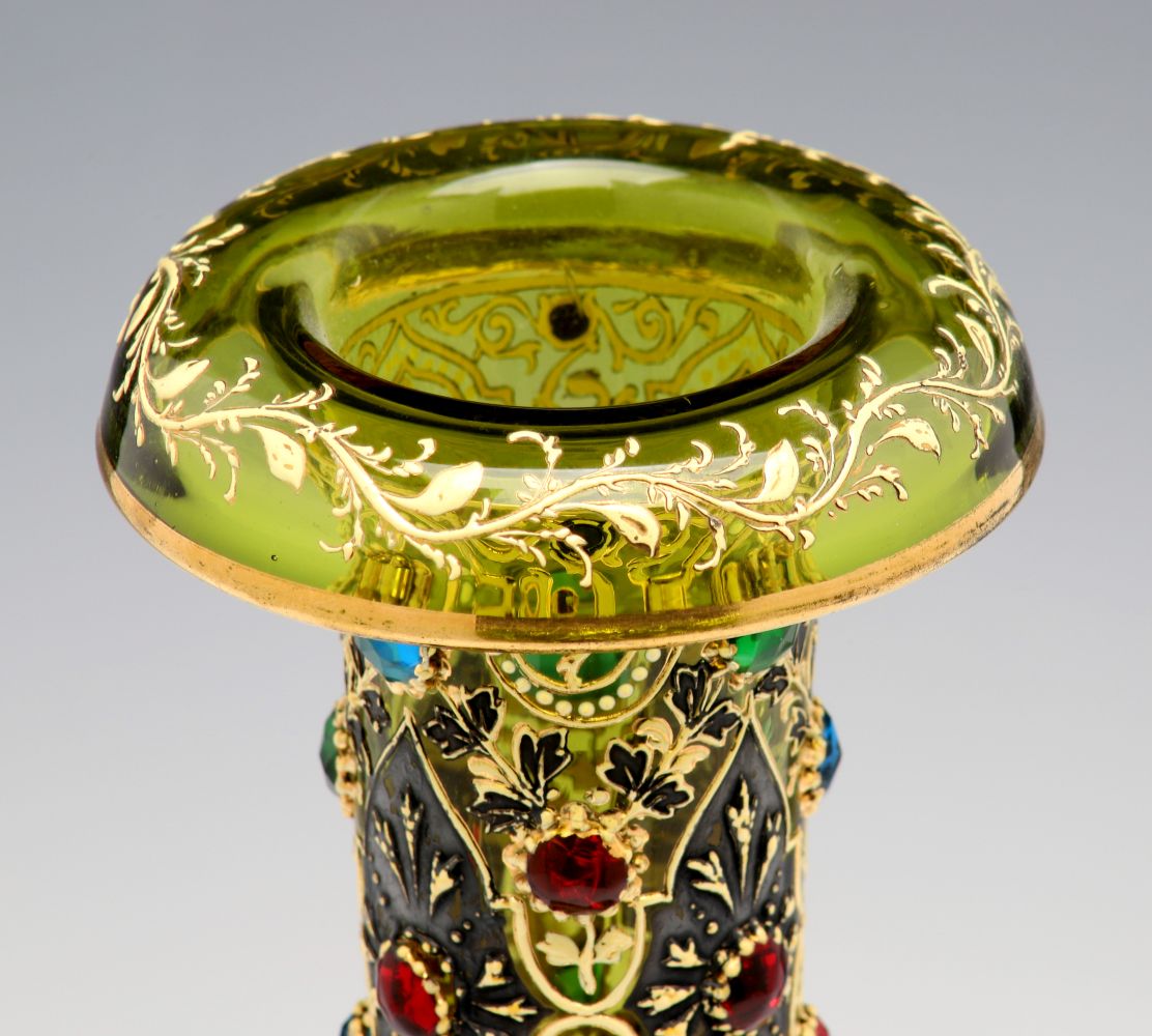 A JEWELED MOSER VASE WITH ROLLED RIM AND MUGHAL DESIGNS