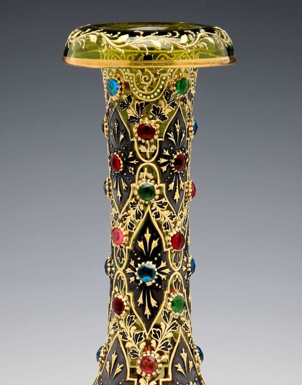 A JEWELED MOSER VASE WITH ROLLED RIM AND MUGHAL DESIGNS