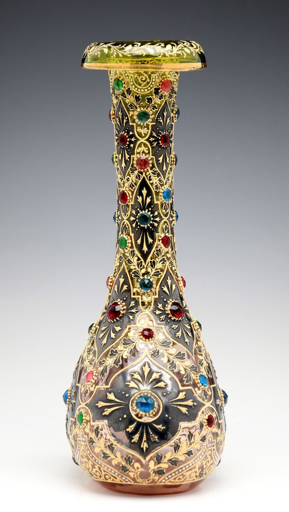 A JEWELED MOSER VASE WITH ROLLED RIM AND MUGHAL DESIGNS