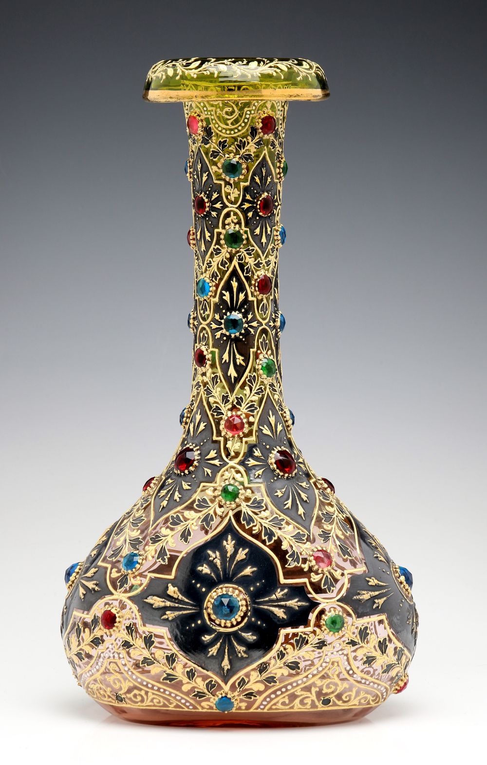 A JEWELED MOSER VASE WITH ROLLED RIM AND MUGHAL DESIGNS