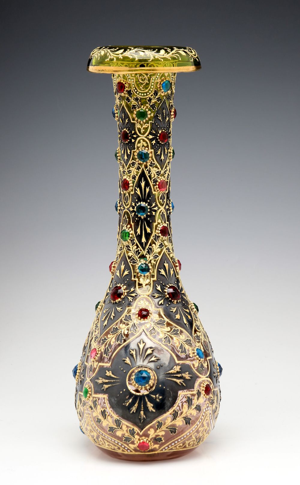 A JEWELED MOSER VASE WITH ROLLED RIM AND MUGHAL DESIGNS