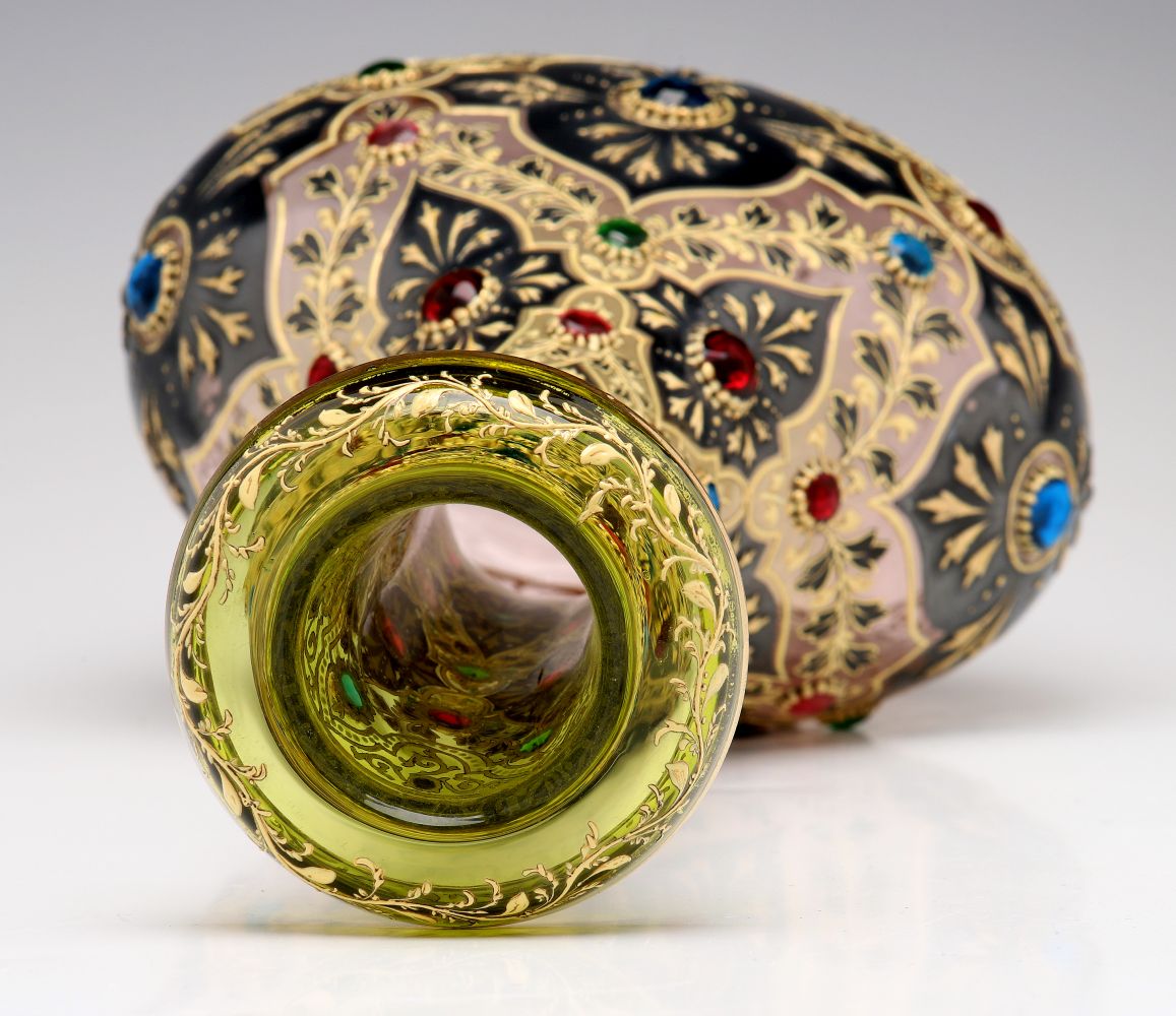 A JEWELED MOSER VASE WITH ROLLED RIM AND MUGHAL DESIGNS