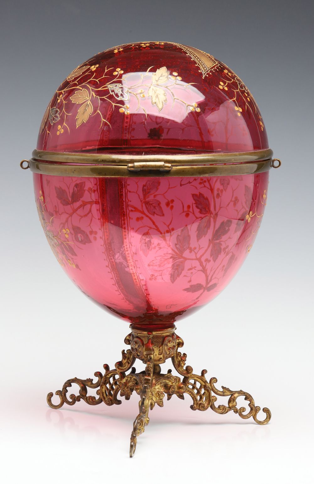 A MOSER GILT AND ENAMELED CRANBERRY GLASS TANTALUS