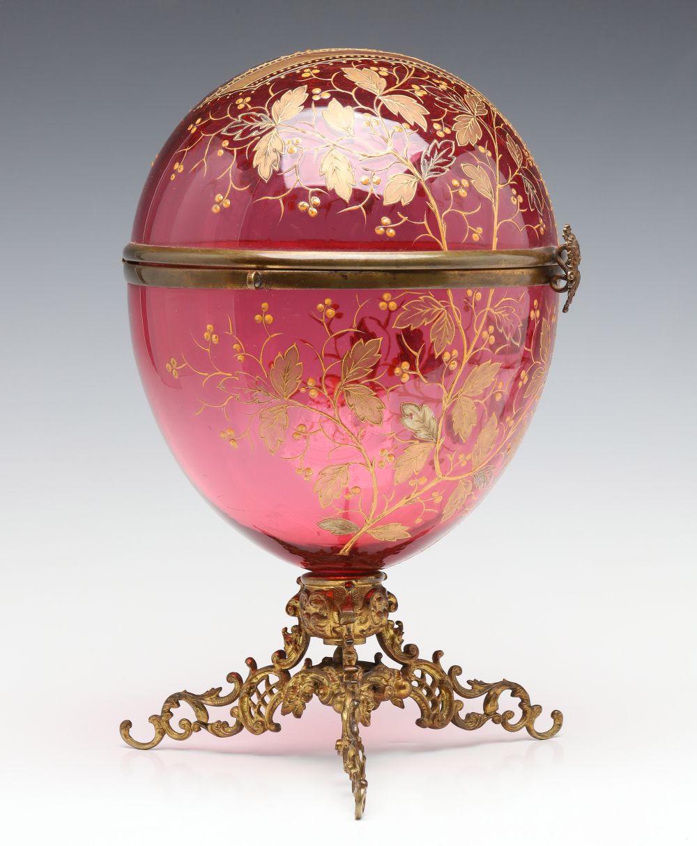 A MOSER GILT AND ENAMELED CRANBERRY GLASS TANTALUS