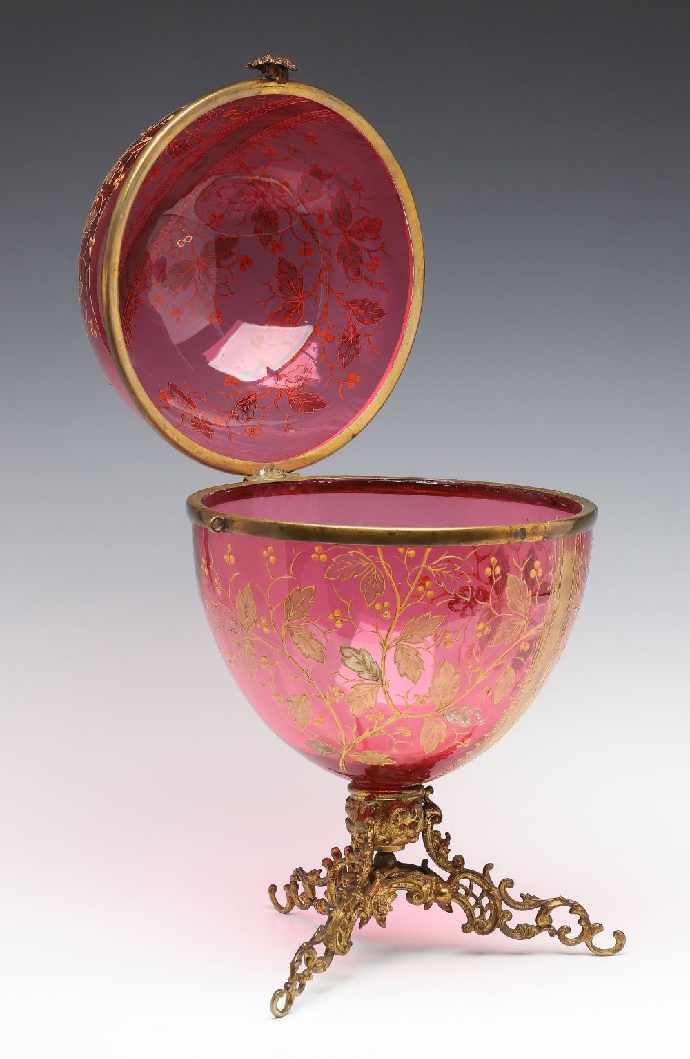 A MOSER GILT AND ENAMELED CRANBERRY GLASS TANTALUS