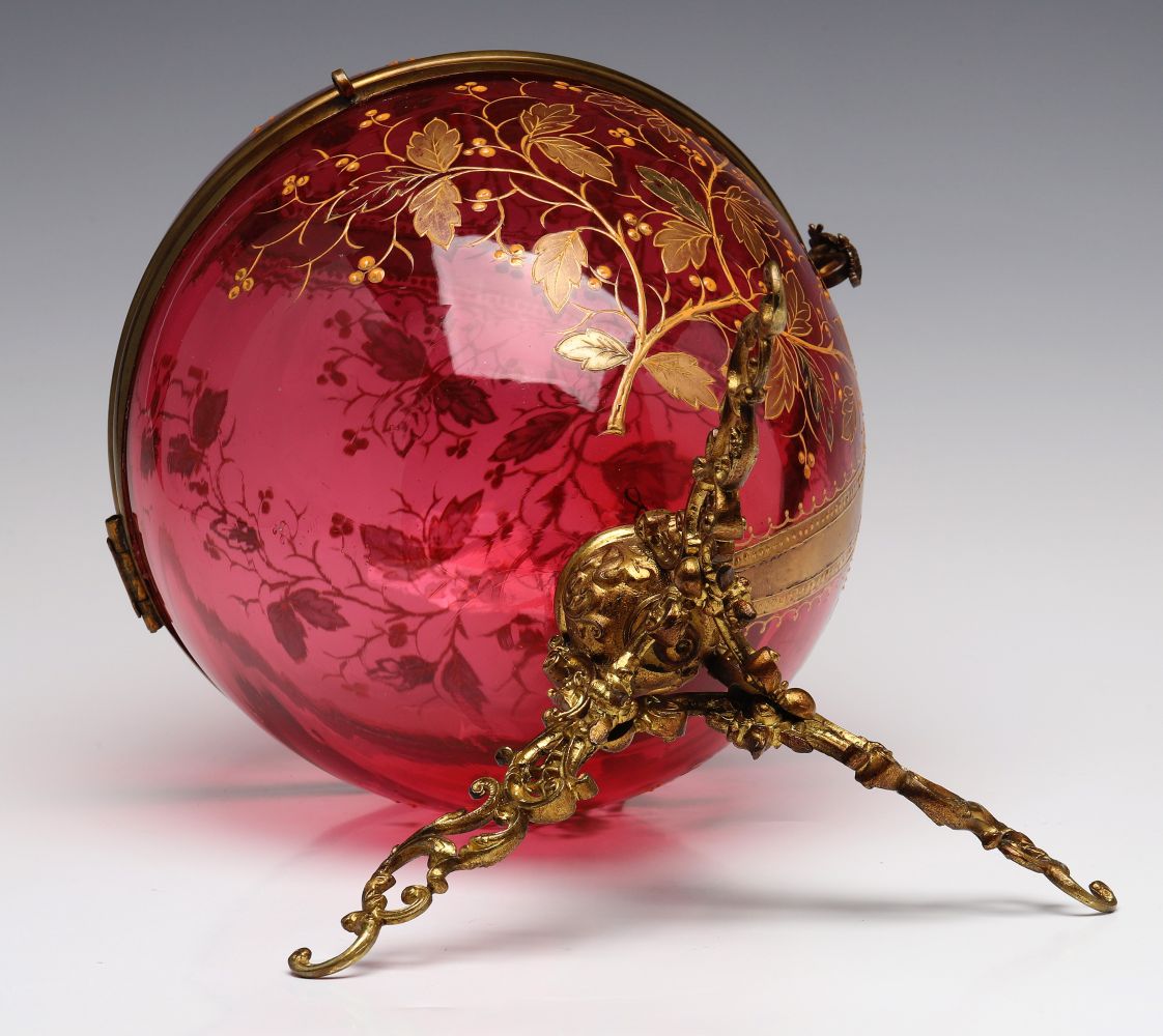 A MOSER GILT AND ENAMELED CRANBERRY GLASS TANTALUS