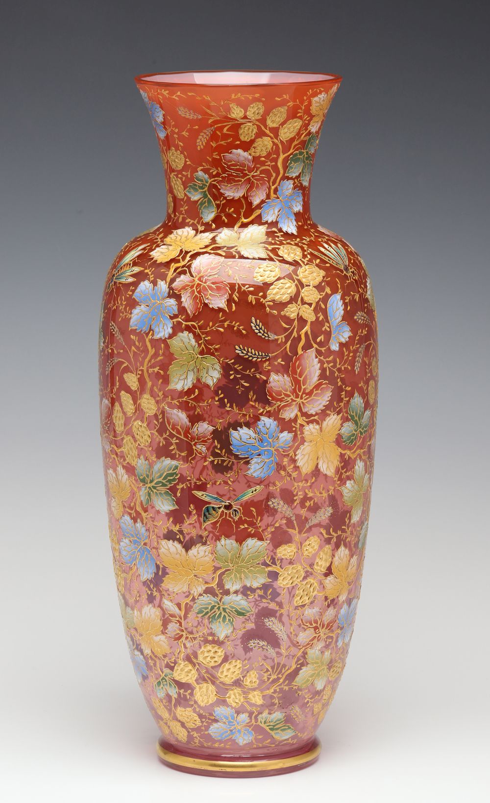 A MOSER 15-INCH GILT AND ENAMEL VASE WITH INSECTS