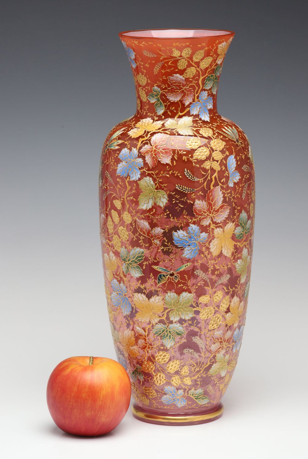 A MOSER 15-INCH GILT AND ENAMEL VASE WITH INSECTS