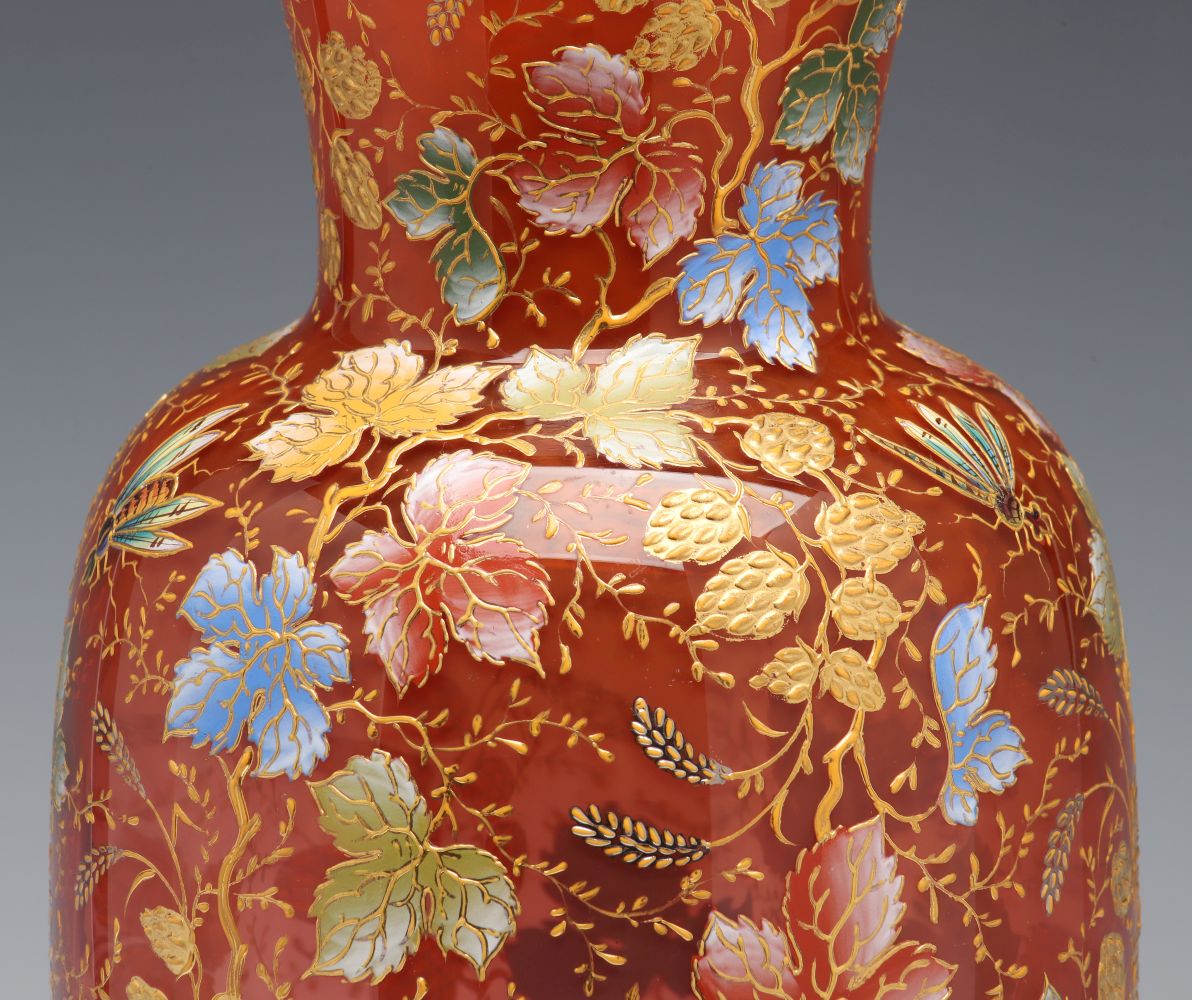 A MOSER 15-INCH GILT AND ENAMEL VASE WITH INSECTS