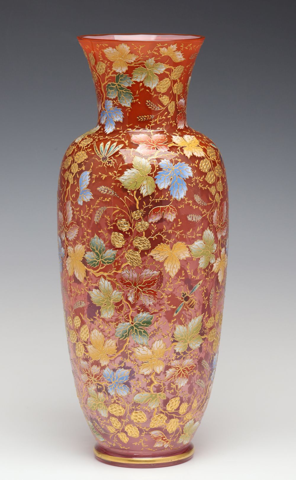 A MOSER 15-INCH GILT AND ENAMEL VASE WITH INSECTS