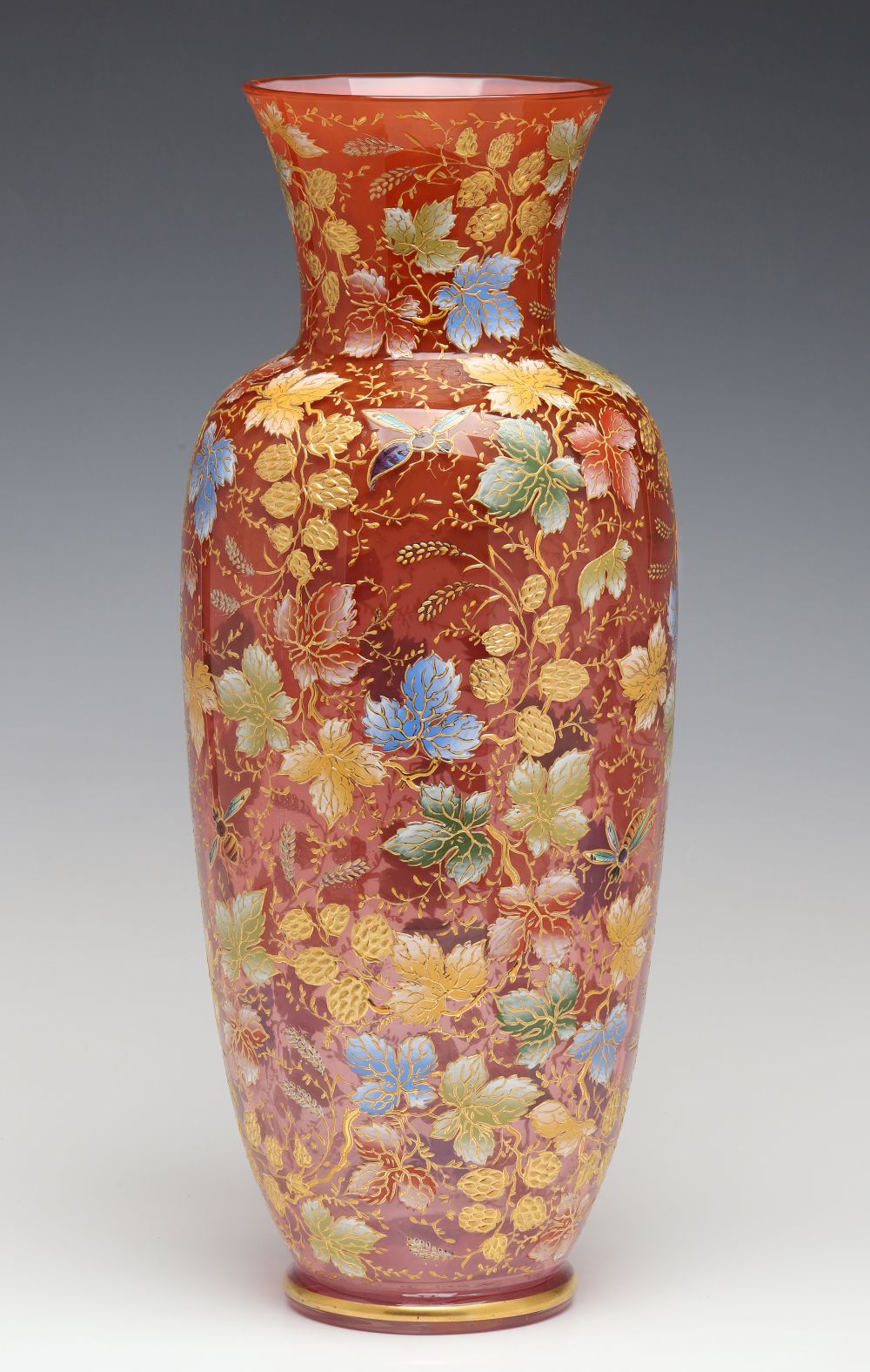 A MOSER 15-INCH GILT AND ENAMEL VASE WITH INSECTS